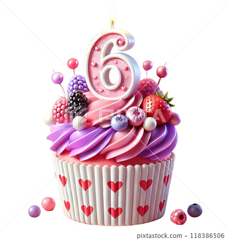 3D birthday cupcake with number six  3D birthday cupcake with number six  118386506