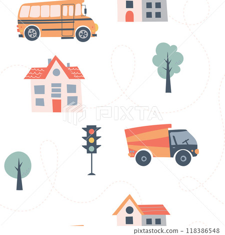 Kids seamless pattern with car, bus and road. Perfect for fabric , digital paper, cards. Kids seamless pattern with car, bus and road. Perfect for fabric , digital paper, cards. 118386548