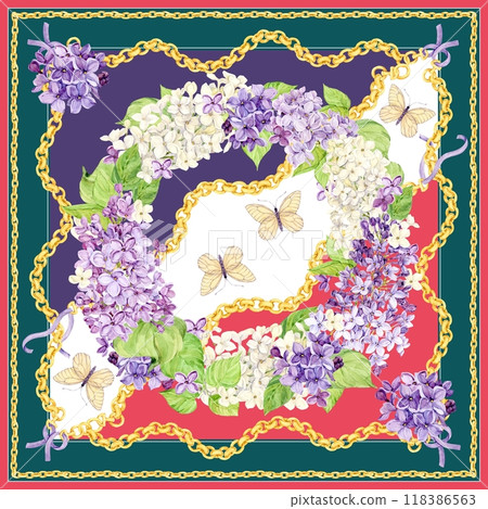 Watercolor pattern for silk scarf and textile print. Design of neckerchief or bandana. Spring flowers lilac, butterflies and golden juvenile chains. Baroque style for fabric, wallpaper, covers. Watercolor pattern for silk scarf and textile print. Design of neckerchief or bandana. Spring flowers lilac, butterflies and golden juvenile chains. Baroque style for fabric, wallpaper, covers. 118386563