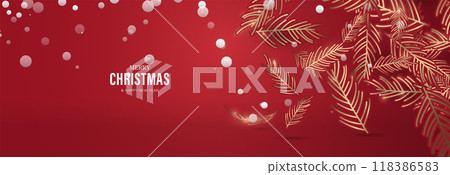 Elegant Merry Christmas greeting with golden pine leaves and snowflakes on a festive red background Elegant Merry Christmas greeting with golden pine leaves and snowflakes on a festive red background 118386583