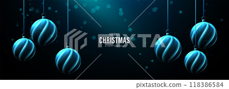 Merry Christmas Greeting with Blue Ornaments on Dark Background 118386584