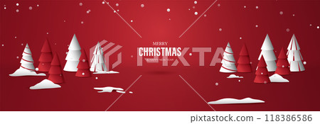 Merry Christmas with Red and White Trees on Snowy Background Merry Christmas with Red and White Trees on Snowy Background 118386586