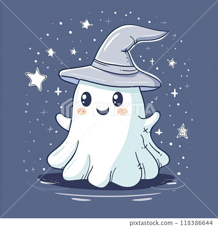 Cute kawaii ghost in magic hat. Halloween character. Nursery art style 118386644