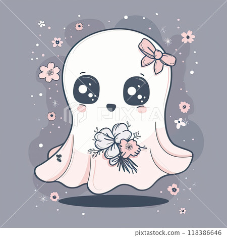Cute kawaii ghost girl with bow and flowers. Halloween character. Nursery art style 118386646