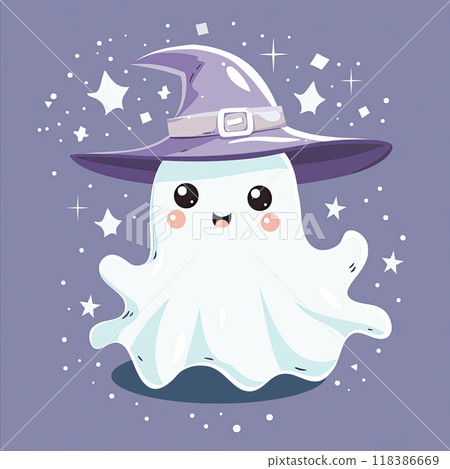 Cute kawaii ghost in magic hat. Halloween character. Nursery art style 118386669