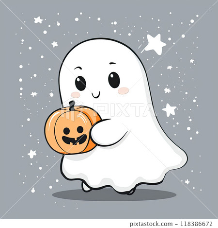 Cute kawaii ghost with pumpkin. Halloween character. Nursery art style Cute kawaii ghost with pumpkin. Halloween character. Nursery art style 118386672