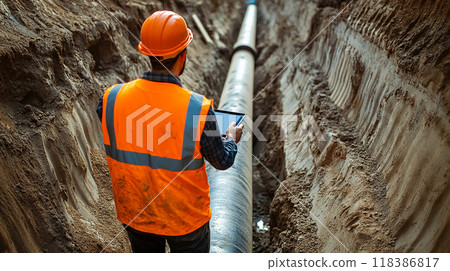 Workers supervising pipeline construction 118386817