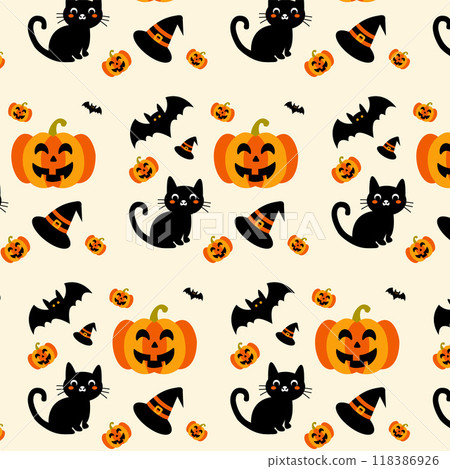 Spooky Halloween Background Pattern Featuring Pumpkins, Black Cats, Witch Hats, Bats. Orange and Black Design Perfect for Autumn Celebrations, Halloween Parties. Vector illustration Spooky Halloween Background Pattern Featuring Pumpkins, Black Cats, Witch Hats, Bats. Orange and Black Design Perfect for Autumn Celebrations, Halloween Parties. Vector illustration 118386926