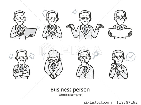 Illustration set of facial expressions and gestures of an elderly male office worker 118387162