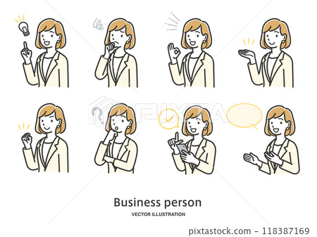 Illustration set of facial expressions and gestures of female office workers 118387169