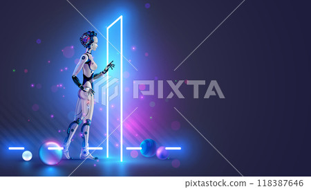 Woman robot or cyborg with AI enters futuristic door. AI or artificial intelligence learning concept. AI technology. Computer neural network training in image of female robot. Robot comes to door. 118387646