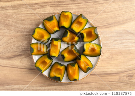 Steamed Japanese pumpkin or Kabocha squash, Healthy Asian food, Table top view Steamed Japanese pumpkin or Kabocha squash, Healthy Asian food, Table top view 118387875