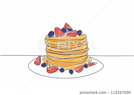 Single continuous line drawing serve the delicious pancakes on a plate with blueberry and strawberry toppings. Soft and sweet crepe snack. National Flapjack Day. One line design vector illustration 118387890