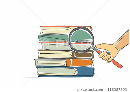 Single continuous line drawing hand holding magnifying glass and pointing at a pile of books. Exploration. Scientific research in language. National Grammar Day. One line design vector illustration 118387893