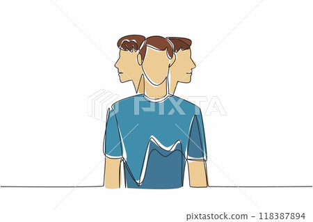 Single continuous line drawing a man facing forward with two heads behind him looking right and left. Personality anxiety. Unhealthy. Multiple Personality Day. One line design vector illustration 118387894