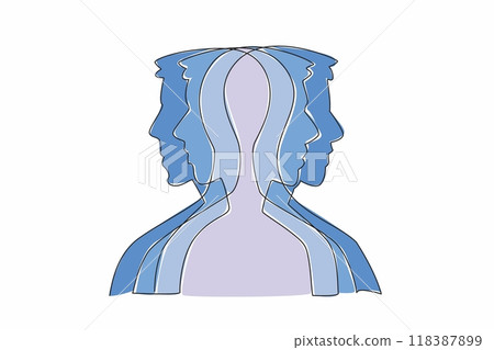 Single one line drawing stacked male heads silhouette. Too hard to focus. Deep sense of anxiety. Disturbing health. Depression. Multiple Personality Day. Continuous line design graphic illustration Single one line drawing stacked male heads silhouette. Too hard to focus. Deep sense of anxiety. Disturbing health. Depression. Multiple Personality Day. Continuous line design graphic illustration 118387899