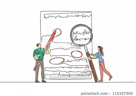 Single one line drawing man standing holding a big pen, woman holding a big magnifying glass. Marking mistakes in paper test. Edit. National Grammar Day. Continuous line design graphic illustration Single one line drawing man standing holding a big pen, woman holding a big magnifying glass. Marking mistakes in paper test. Edit. National Grammar Day. Continuous line design graphic illustration 118387900