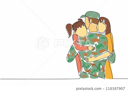 Single one line drawing a soldier hugs his wife and daughter. Welcomed with warmth. Reuniting with loved ones. Off duty. Holiday. National Hug a G.I. Day. Continuous line design graphic illustration Single one line drawing a soldier hugs his wife and daughter. Welcomed with warmth. Reuniting with loved ones. Off duty. Holiday. National Hug a G.I. Day. Continuous line design graphic illustration 118387907