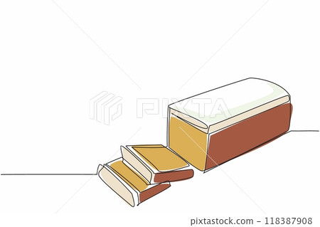 Single one line drawing pound cake with vanilla cream topping, some of has been cut. Rules for serving dessert. Delicious food. National Pound Cake Day. Continuous line design graphic illustration 118387908