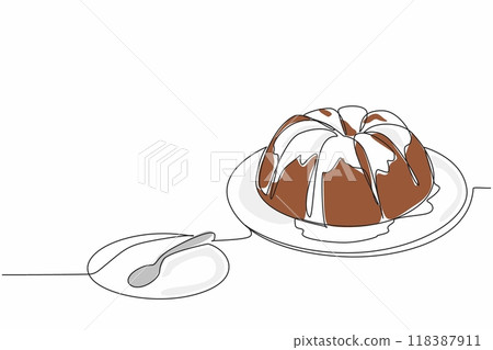 Single one line drawing pound cake vanilla cream topping and cake scoop on small cake plate. A delicious dessert to serve. Yummy. National Pound Cake Day. Continuous line design graphic illustration Single one line drawing pound cake vanilla cream topping and cake scoop on small cake plate. A delicious dessert to serve. Yummy. National Pound Cake Day. Continuous line design graphic illustration 118387911
