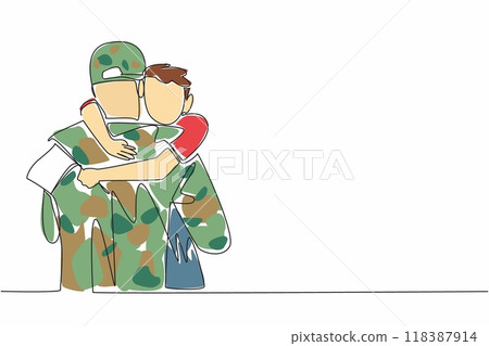 Single continuous line drawing a boy holding a flag hugs his soldier father tightly. Missing the presence of a father figure. Holiday. National Hug a G.I. Day. One line design vector illustration 118387914
