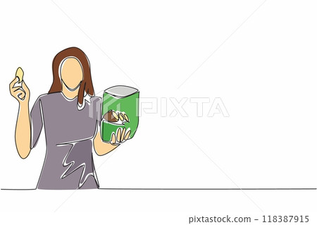 Single continuous line drawing energetic beautiful woman holding potato chips. Enjoy every crispy piece. High natrium content. Tasty. Delicious. National Snack Day. One line design vector illustration 118387915