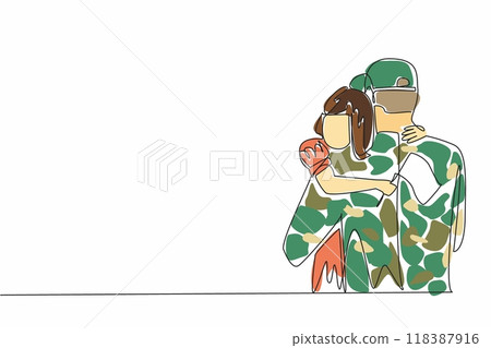 One LineSingle one line drawing a girl holding a small flag hugging her soldier father. Celebrating homecoming. Off duty. Joy together. National Hug a G.I. Day. Continuous line  Drawing 06 Juli-29.eps 118387916