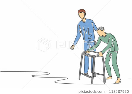 Continuous one line drawing caregiver guides an old grandfather who walks using a walker. Doing therapy. Caring with patience. Caregiver Appreciation Day. Single line draw design vector illustration 118387920