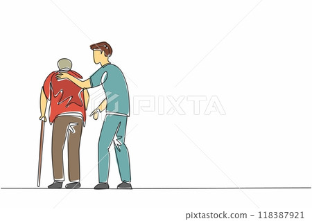 Continuous one line drawing back view a male caregiver on duty guiding old grandfather walking. Patiently carry out obligations. Caregiver Appreciation Day. Single line draw design vector illustration Continuous one line drawing back view a male caregiver on duty guiding old grandfather walking. Patiently carry out obligations. Caregiver Appreciation Day. Single line draw design vector illustration 118387921