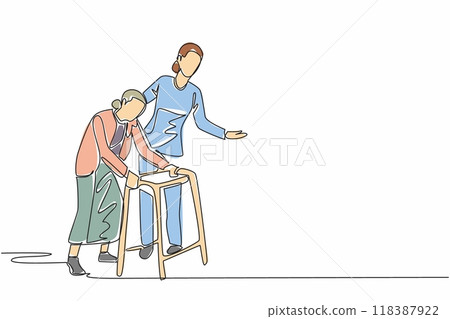 Single one line drawing caregiver guides an old grandmother who walks using a walker. Always highly dedicated to patient health. Caregiver Appreciation Day. Continuous line design graphic illustration Single one line drawing caregiver guides an old grandmother who walks using a walker. Always highly dedicated to patient health. Caregiver Appreciation Day. Continuous line design graphic illustration 118387922