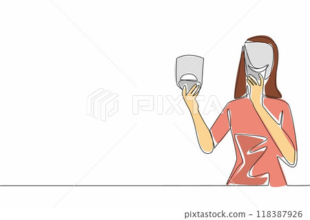 Continuous one line drawing woman holding and wearing masks with different feelings. Two personalities in one body. Mood swing concept. Camouflage. Disease. Single line draw design vector illustration 118387926