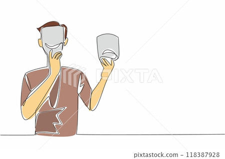 Single continuous line drawing man holding and wearing happy mask on the other side is sad mask. Jaunty. Bipolar. Feeling of always wanting to be happy. Camouflage. One line design vector illustration 118387928