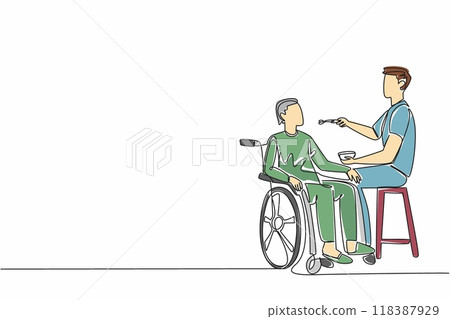 Single one line drawing caregiver sits and feeds with spoon an old grandfather sitting in a wheelchair. Providing the best care. Caregiver Appreciation Day. Continuous line design graphic illustration Single one line drawing caregiver sits and feeds with spoon an old grandfather sitting in a wheelchair. Providing the best care. Caregiver Appreciation Day. Continuous line design graphic illustration 118387929