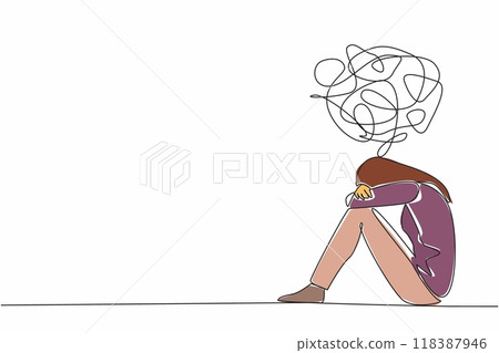 Continuous one line drawing teenage girl sitting on the floor crossing her arms on her knees. Suffering from deep stress. World Teen Mental Wellness Day. Single line draw design vector illustration 118387946