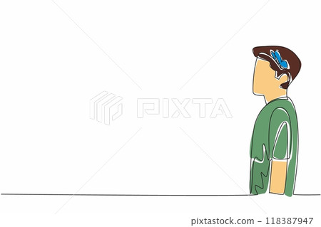 Continuous one line drawing a youngster with a butterfly in his head. Get peace by thinking peacefully. No stress. Healthy. World Teen Mental Wellness Day. Single line draw design vector illustration 118387947