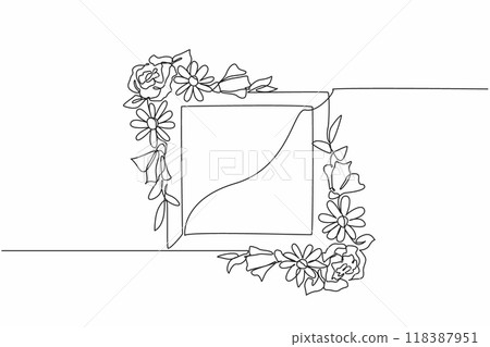 Single continuous line drawing flower arrangements in the corners of the frame. Decorate photo frames to make them look more beautiful. Amazed. National Flower Day. One line design vector illustration 118387951