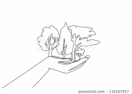 Continuous one line drawing open palm, on top of it some big trees. Actively participate in reforestation. Save environment. International Day of Forests. Single line draw design vector illustration Continuous one line drawing open palm, on top of it some big trees. Actively participate in reforestation. Save environment. International Day of Forests. Single line draw design vector illustration 118387957