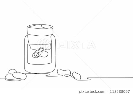 Single continous line drawing jar of peanut butter and some scattered nuts. Contain nutrients and lot of vitamins. Creamy. National Peanut Butter Lover Day. One line design vector illustration 118388097