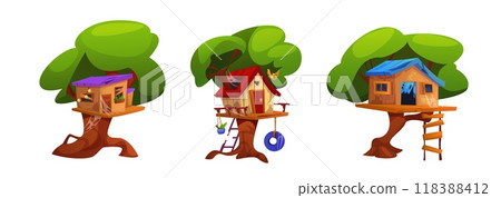 Kid treehouse cartoon. Wooden tree house vector 118388412