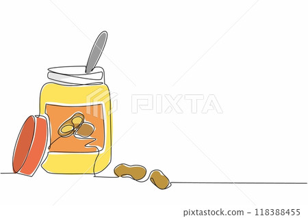 Single continuous line drawing a spoon in the peanut butter jar. Want to spread it to add to the delicious taste. Delectable. National Peanut Butter Lover Day. One line design vector illustration 118388455