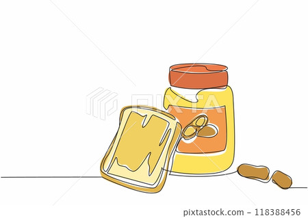 Continuous one line drawing a piece of bread spread with peanut butter. Add deliciousness when eaten. Yummy. Delectable. National Peanut Butter Lover Day. Single line draw design vector illustration Continuous one line drawing a piece of bread spread with peanut butter. Add deliciousness when eaten. Yummy. Delectable. National Peanut Butter Lover Day. Single line draw design vector illustration 118388456