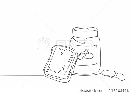Continuous one line drawing a piece of bread spread with peanut butter. Add deliciousness when eaten. Yummy. Delectable. National Peanut Butter Lover Day. Single line draw design vector illustration 118388468