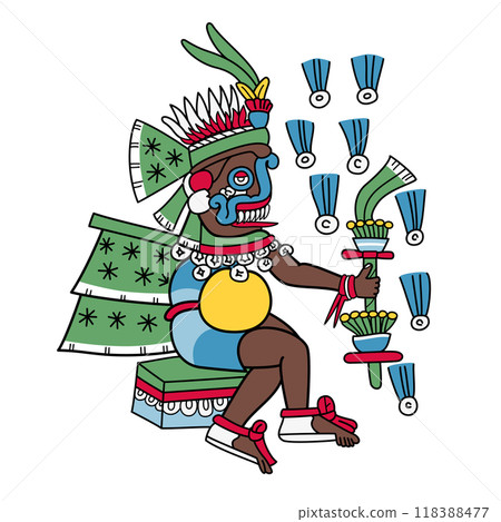 Tlaloc, Aztec god of lightning, rain and earthquakes, also a deity of earthly fertility and water, worshipped as a giver of life and sustenance, as he was depicted in the Codex Magliabechiano. Vector. Tlaloc, Aztec god of lightning, rain and earthquakes, also a deity of earthly fertility and water, worshipped as a giver of life and sustenance, as he was depicted in the Codex Magliabechiano. Vector. 118388477