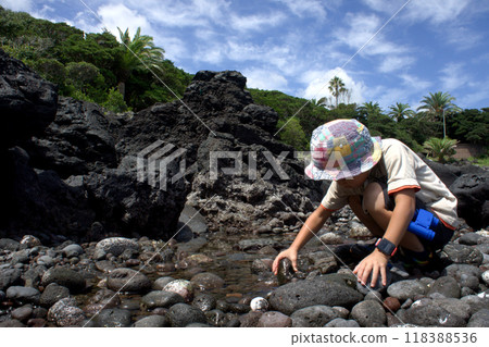 A kindergarten boy playing on the beach 118388536