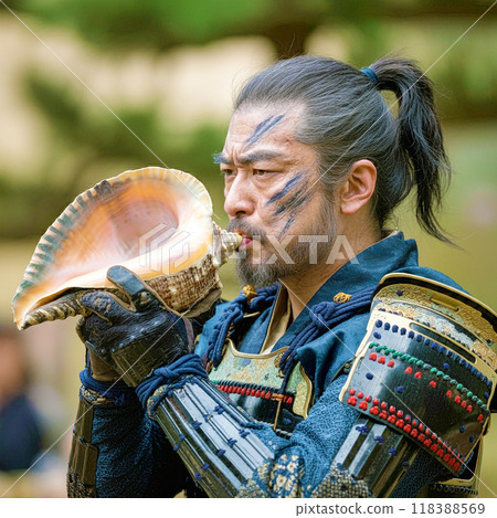 Samurai blowing a conch shell 118388569