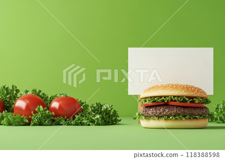A hamburger with lettuce and tomato on top of a bun 118388598
