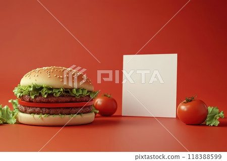 A hamburger with lettuce and tomato on top of a bun 118388599