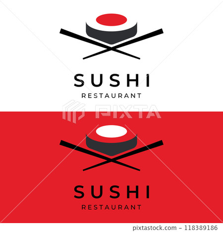 Sushi logo template design.Seafood or traditional japanese cuisine with salmon, delicious food.Logo for Japanese restaurant, bar, sushi shop. 118389186