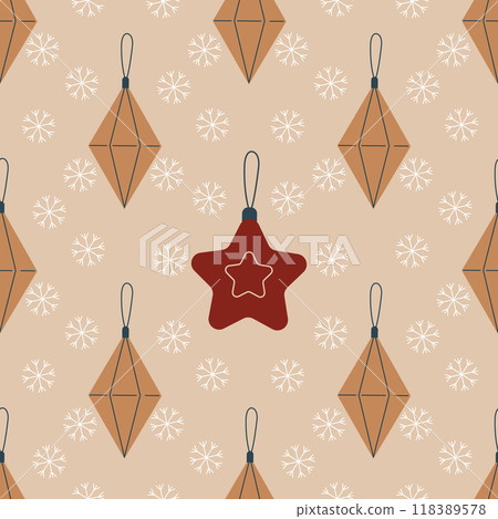 Christmas tree balls, retro vector seamless pattern. Hand drawn Christmas decoration with snowflakes. Pattern in swatches. For fabric, wrapping paper and other decoration. Christmas tree balls, retro vector seamless pattern. Hand drawn Christmas decoration with snowflakes. Pattern in swatches. For fabric, wrapping paper and other decoration. 118389578