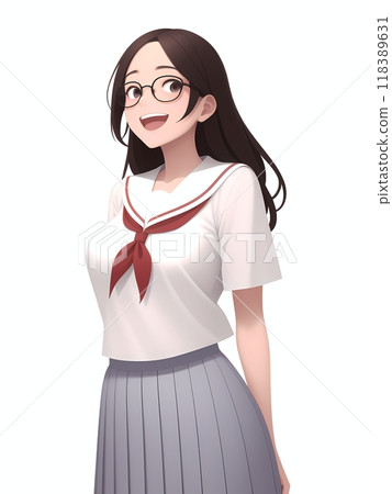 AI 產生的插圖，顯示一名戴著眼鏡、身穿水手服、斜視的高中女生 118389631